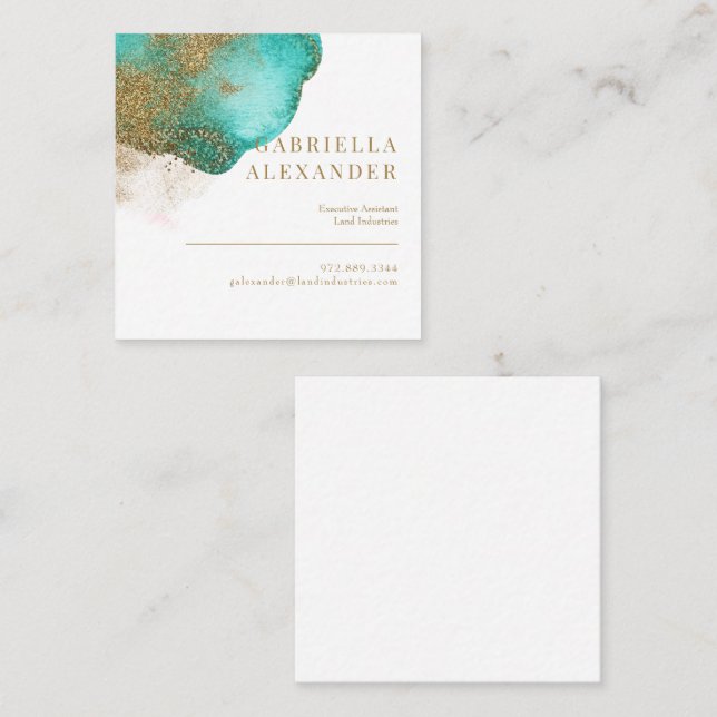 Liquid Metallic Turquoise & Gold Square Business Card (Front/Back)