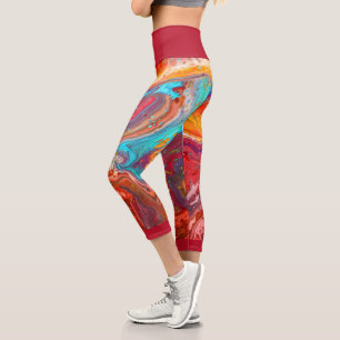 Liquid Paint Marbling Red Blue Multi Colour Capri  Leggings