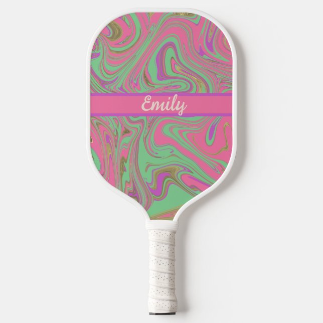 Liquid Patterned Pink Purple Script Name Pickleball Paddle (Front)
