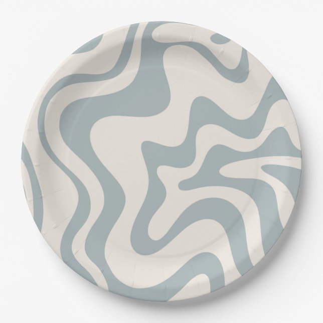Liquid Swirl Abstract Pattern Blue-Grey and Cream Paper Plate (Front)