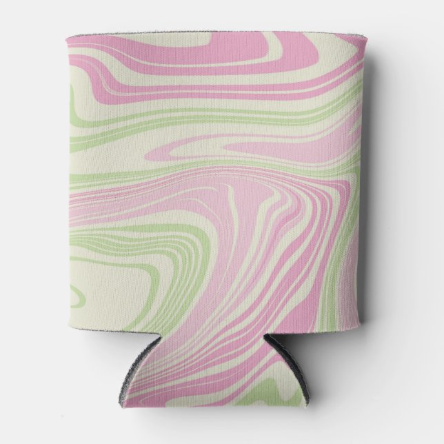 Liquid Swirl Green Pink Pattern Can Cooler (Front)