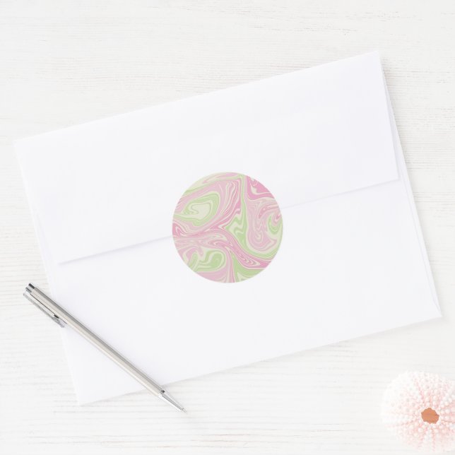Liquid Swirl Green Pink Pattern Classic Round Sticker (Envelope)