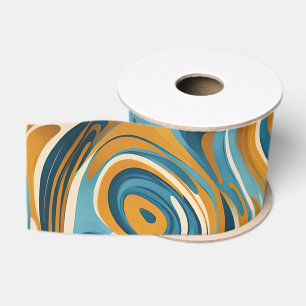 Liquid Swirl Ochre Blue Trippy Pattern Grosgrain Ribbon