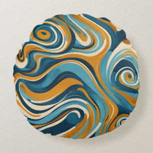 Liquid Swirl Ochre Blue Trippy Pattern Round Cushion