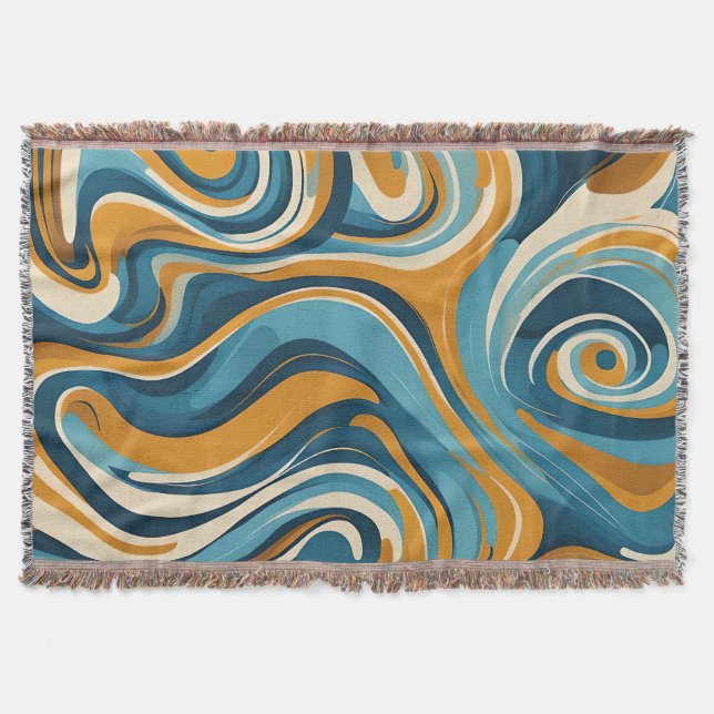 Liquid Swirl Ochre Blue Trippy Pattern Throw Blanket (Front)