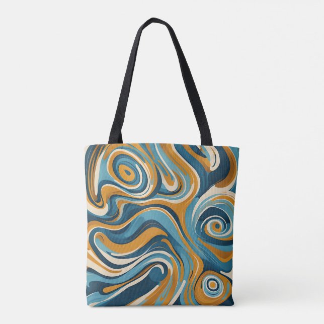 Liquid Swirl Ochre Blue Trippy Pattern Tote Bag (Back)