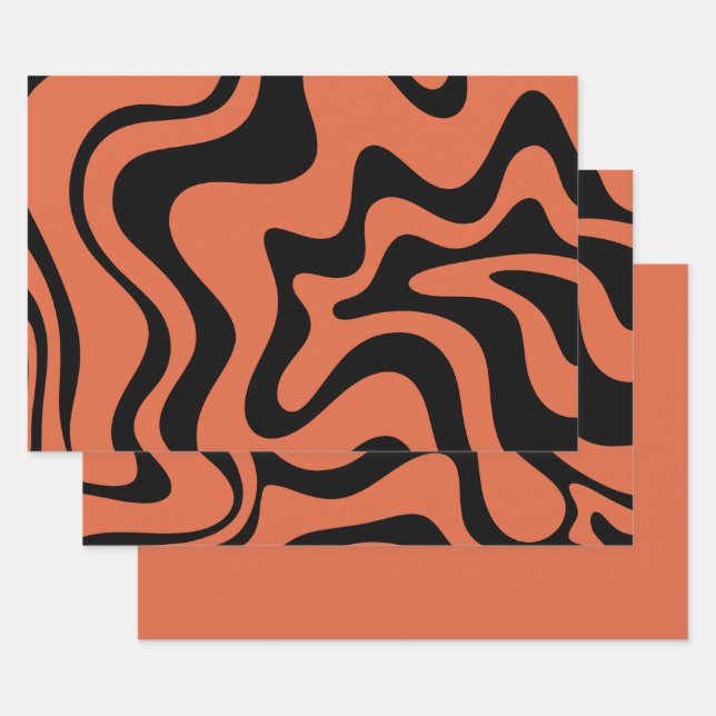 Liquid Swirl Retro Abstract Pattern Black Orange Wrapping Paper Sheet (Set)
