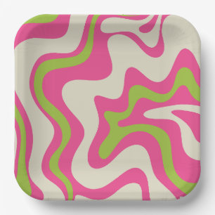 Liquid Swirl Retro Abstract Pattern Hot Pink Lime  Paper Plate