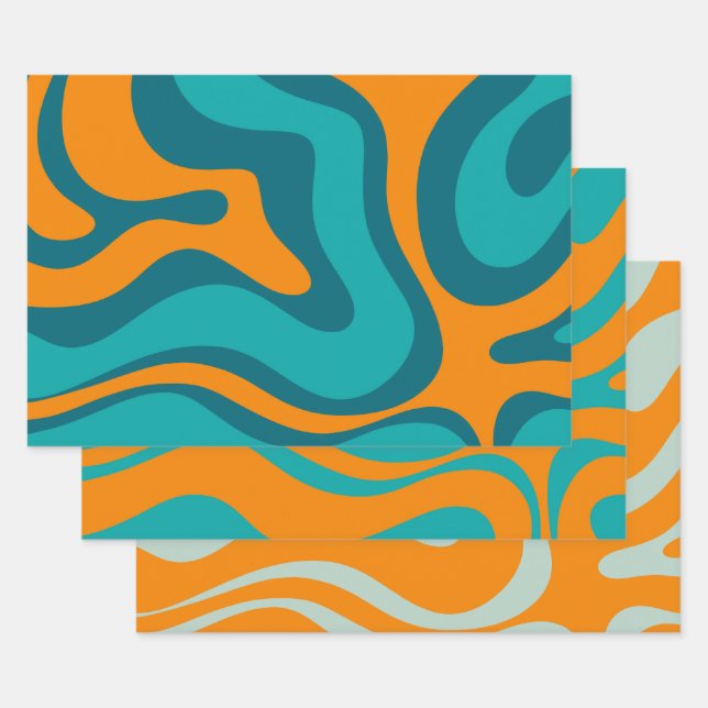 Liquid Swirl Retro Abstract Pattern Teal Orange Wrapping Paper Sheet (Set)