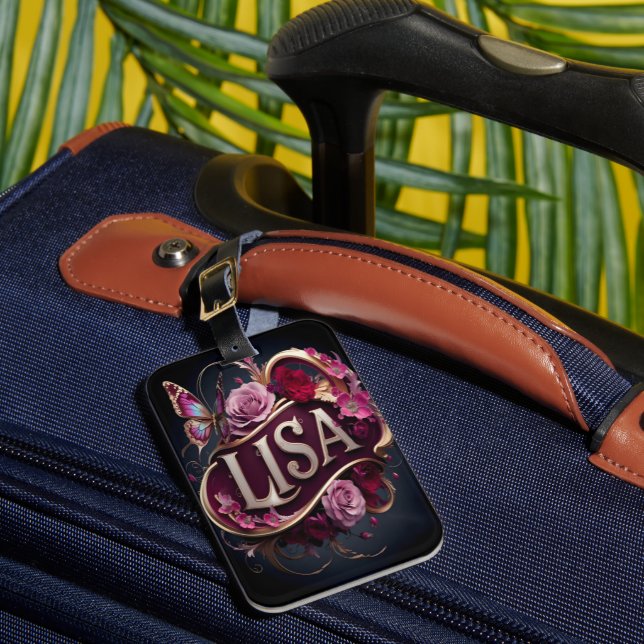 Lisa's Floral Nameplate Luggage Tag (Front Insitu 1)