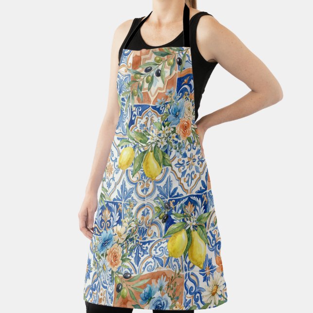 Lisbon Blue Lemon Tile Citrus Kitchen Decor Apron (Insitu)
