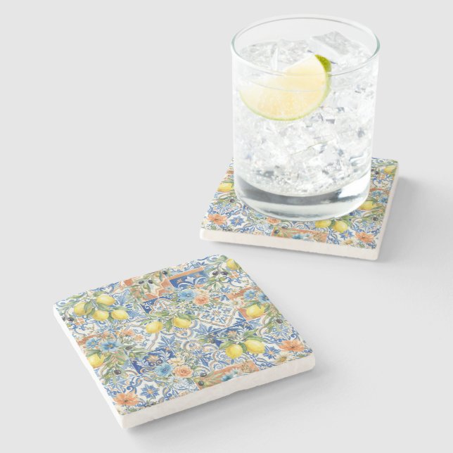 Lisbon Blue Lemon Tile Citrus Kitchen Decor Stone Coaster (Side)