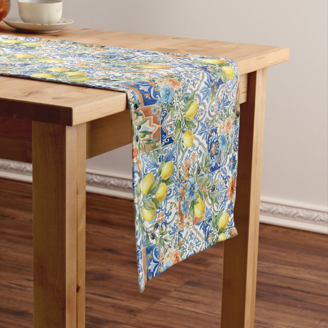 Lisbon Blue Lemon Tile Citrus Table Decor Short Table Runner (In Situ)