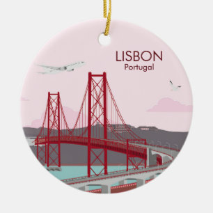 Lisbon bridge over Tagus river in vintage style Ceramic Tree Decoration