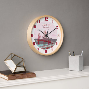 Lisbon bridge over Tagus river in vintage style  Clock