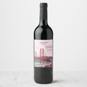 Lisbon bridge over Tagus river in vintage style Wine Label