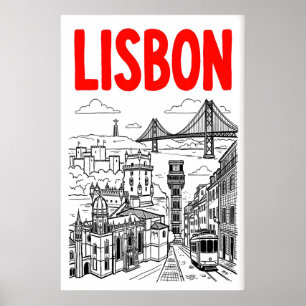 Lisbon Cityscape Art Print - Minimalist Black and