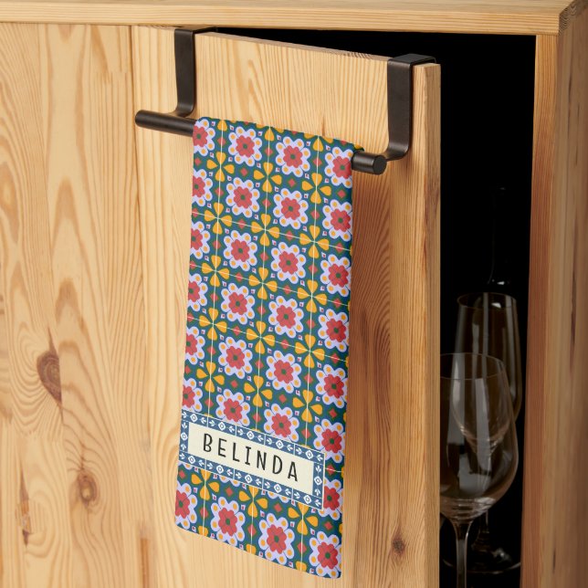 Lisbon colourful tiles or azulejos pattern tea towel (Thirds Fold)