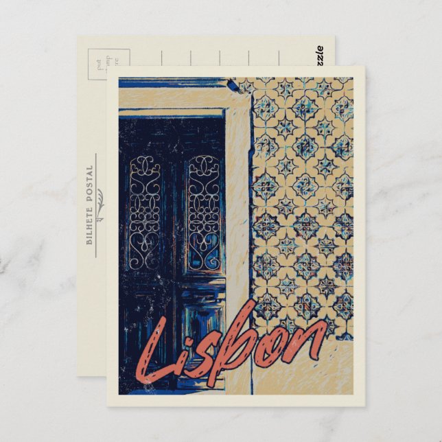 Lisbon door and tiles illustration Portugal Postcard (Front/Back)