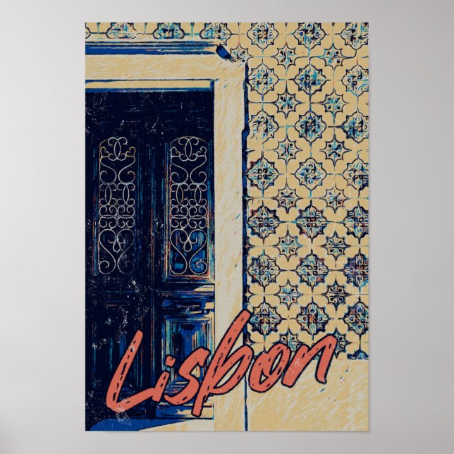 Lisbon door and tiles illustration Portugal Poster (Front)