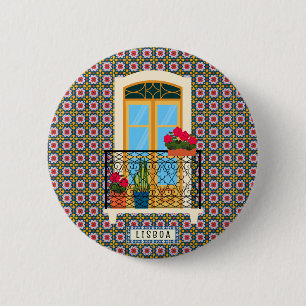 Lisbon house window with plants and tiles 6 cm round badge