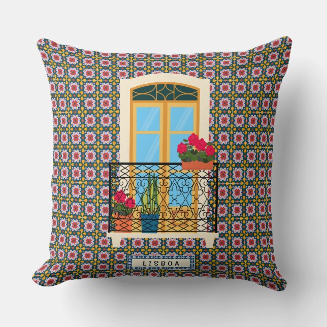 Lisbon house window with plants and tiles cushion (Front)