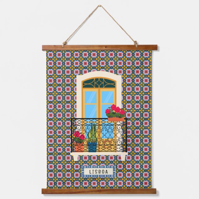 Lisbon house window with plants and tiles hanging tapestry (Front)