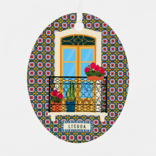 Lisbon house window with plants and tiles metal tree decoration