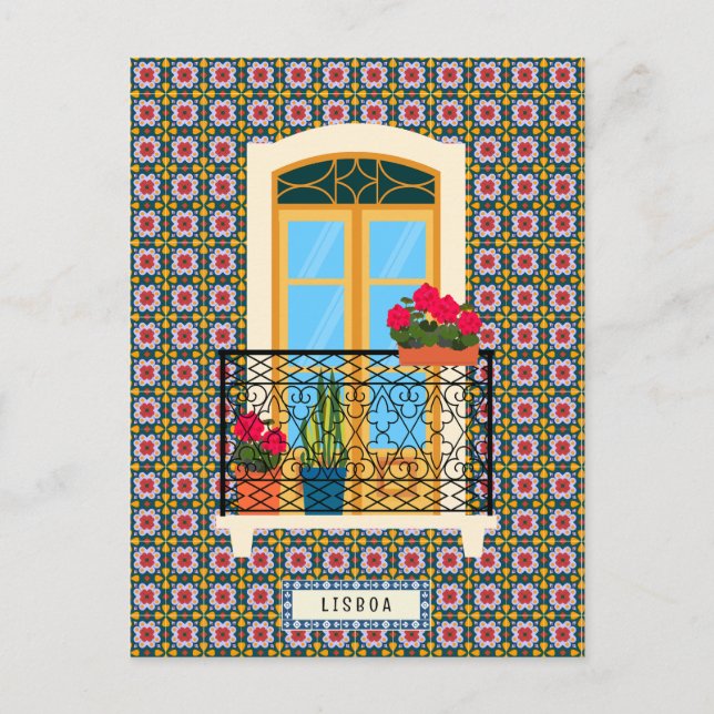 Lisbon house window with plants and tiles postcard (Front)