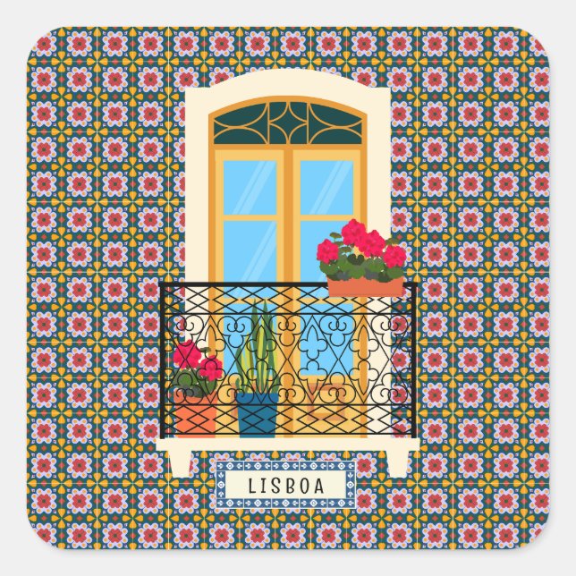 Lisbon house window with plants and tiles square sticker (Front)