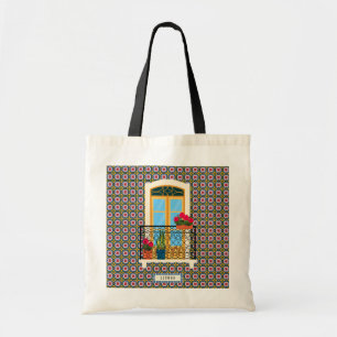 Lisbon house window with plants and tiles tote bag