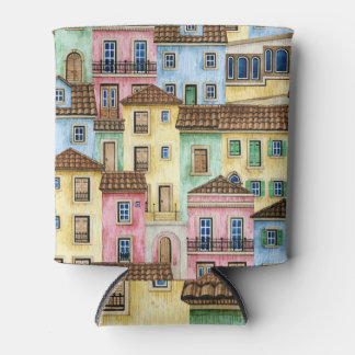 Lisbon Houses: Watercolor Funicular Pattern. Can Cooler