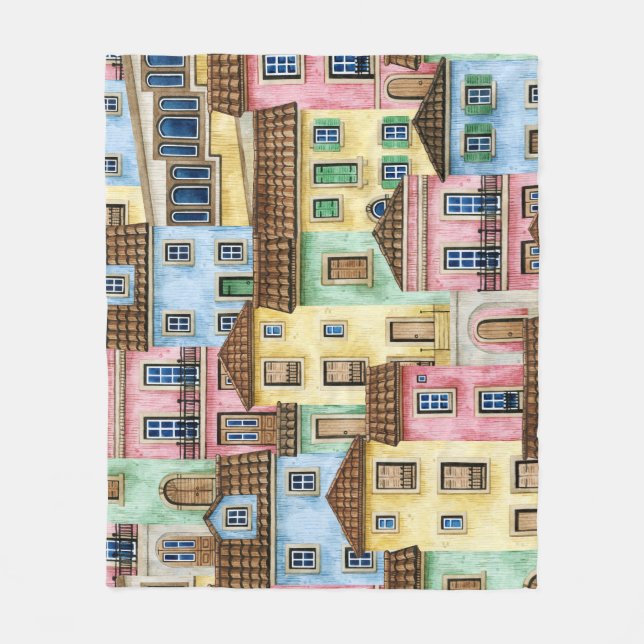 Lisbon Houses: Watercolor Funicular Pattern. Fleece Blanket (Front)
