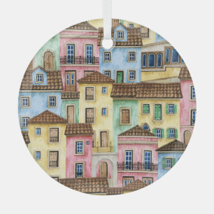 Lisbon Houses: Watercolor Funicular Pattern. Glass Tree Decoration