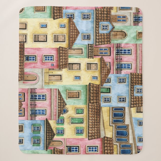 Lisbon Houses: Watercolor Funicular Pattern. Sherpa Blanket (Front)