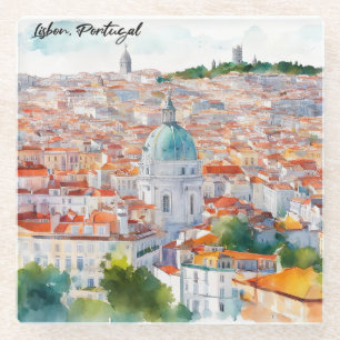 Lisbon Portgual Watercolor Panorama View City Glass Coaster