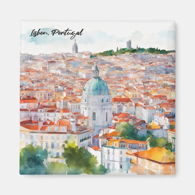 Lisbon Portgual Watercolor Panorama View City Magnet (Front)
