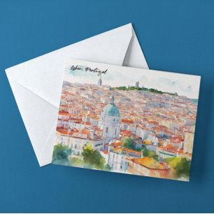 Lisbon Portgual Watercolor Panorama View Postcard