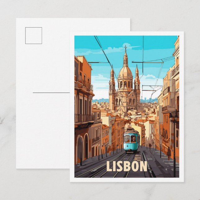 Lisbon Portugal Art Vintage Travel Illustration Postcard (Front/Back)
