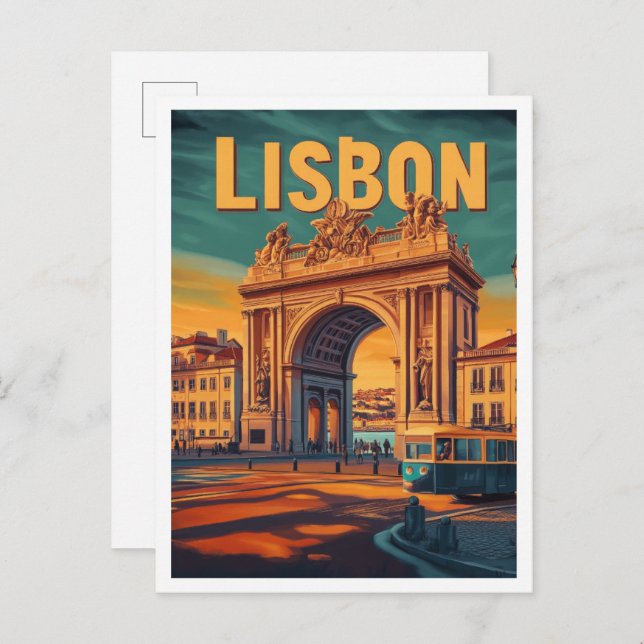 Lisbon Portugal Art Vintage Travel Illustration Postcard (Front/Back)