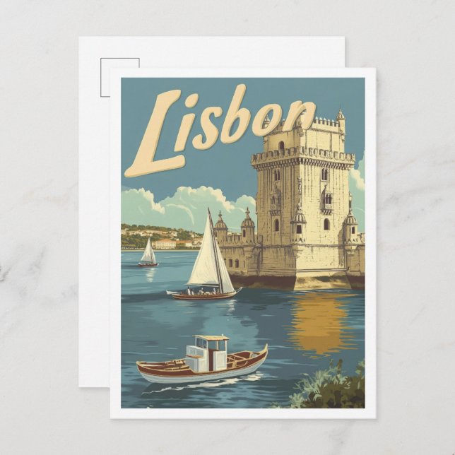 Lisbon Portugal Art Vintage Travel Illustration Postcard (Front/Back)