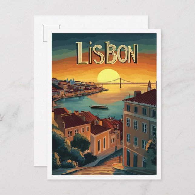 Lisbon Portugal Art Vintage Travel Illustration Postcard (Front/Back)