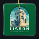 Lisbon Portugal Belem Tower Travel Retro Emblem Ceramic Ornament<br><div class="desc">Lisbon Portugal retro travel design showcasing Belém Tower. Belém Tower,  officially the Tower of Saint Vincent is a 16th-century fortification located in Lisbon that served as a point of embarkation and disembarkation for Portuguese explorers, </div>