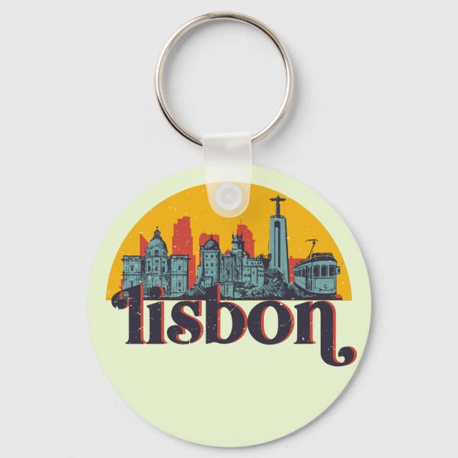 Lisbon Portugal City Skyline Retro Cityscape Art Key Ring (Front)