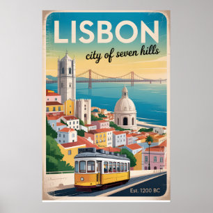 Lisbon Portugal Retro Skyline Cityscape Travel Poster
