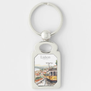 Lisbon Portugal skyline - Vintage tram Travel Art Key Ring