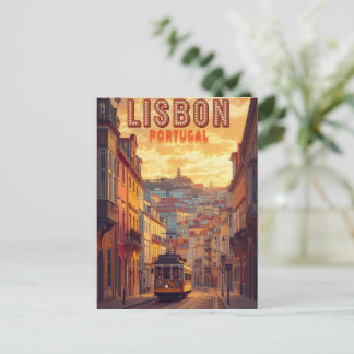 Lisbon Portugal skyline - Vintage tram Travel Art  Postcard
