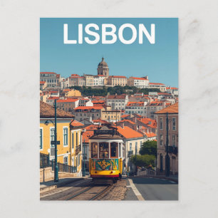 Lisbon Portugal skyline - Vintage tram Travel Art  Postcard