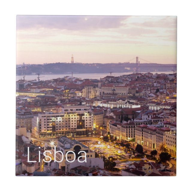 Lisbon Portugal Sunset Skyline Cityscape Souvenir Tile (Front)