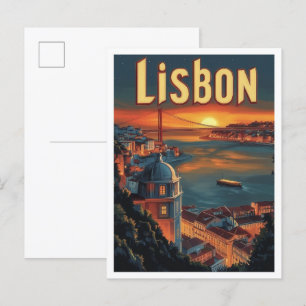 Lisbon Portugal Vintage Travel Illustration Postcard